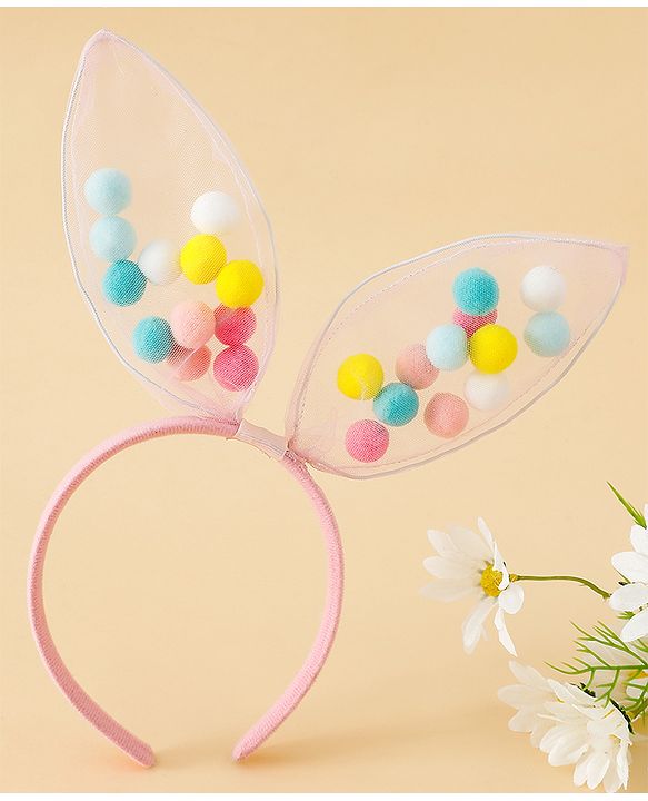 Babyhug Hair Bands Free Size Bunny Ear Applique with Colorful Pom Poms  - Light Pink