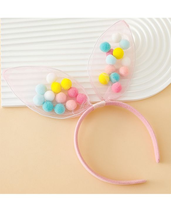 Babyhug Hair Bands Free Size Bunny Ear Applique with Colorful Pom Poms  - Light Pink