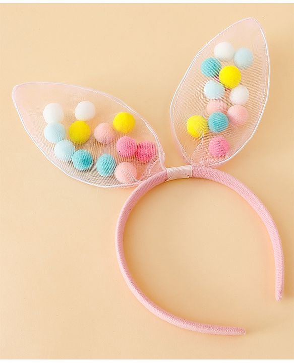 Babyhug Hair Bands Free Size Bunny Ear Applique with Colorful Pom Poms  - Light Pink