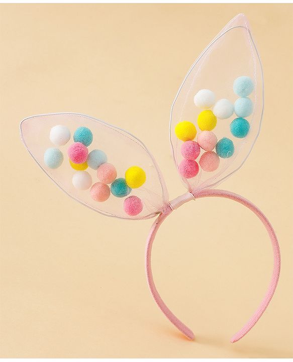Babyhug Hair Bands Free Size Bunny Ear Applique with Colorful Pom Poms  - Light Pink