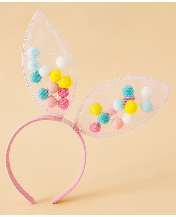Babyhug Hair Bands Free Size Bunny Ear Applique with Colorful Pom Poms  - Light Pink