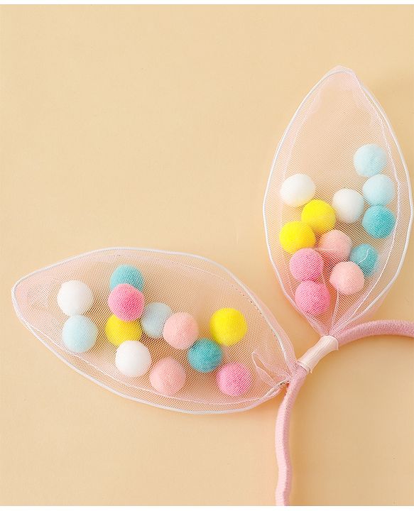 Babyhug Hair Bands Free Size Bunny Ear Applique with Colorful Pom Poms  - Light Pink