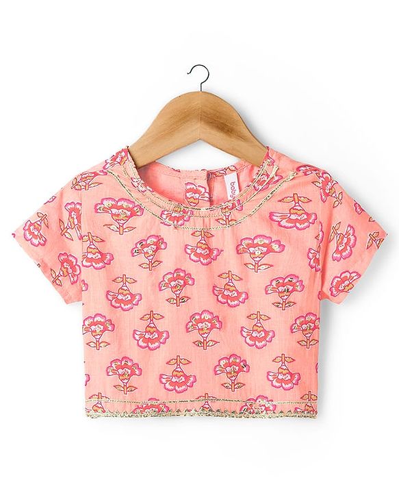 Babyhug Cotton Woven Half Sleeves Choli Lehenga & Dupatta Set With Floral Print - Peach