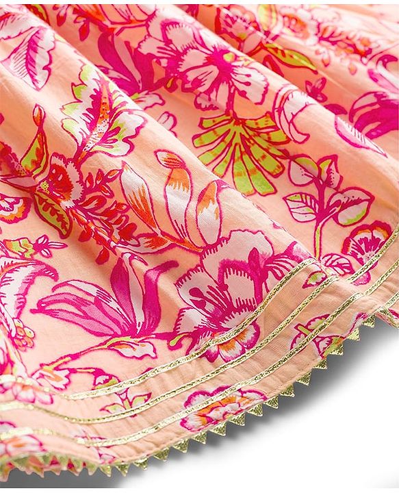 Babyhug Cotton Woven Half Sleeves Choli Lehenga & Dupatta Set With Floral Print - Peach