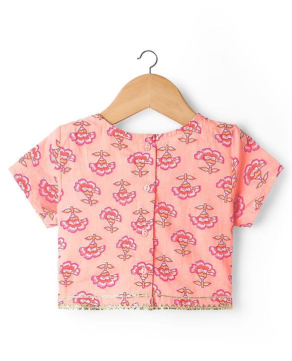 Babyhug Cotton Woven Half Sleeves Choli Lehenga & Dupatta Set With Floral Print - Peach