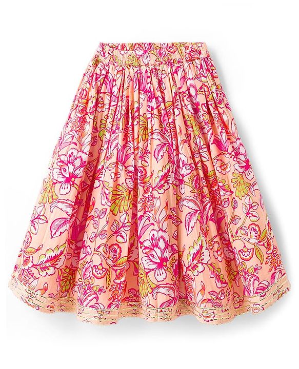 Babyhug Cotton Woven Half Sleeves Choli Lehenga & Dupatta Set With Floral Print - Peach