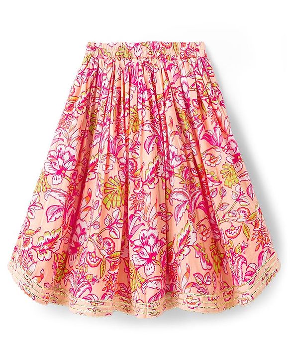 Babyhug Cotton Woven Half Sleeves Choli Lehenga & Dupatta Set With Floral Print - Peach