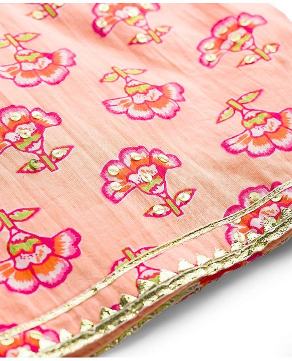 Babyhug Cotton Woven Half Sleeves Choli Lehenga & Dupatta Set With Floral Print - Peach