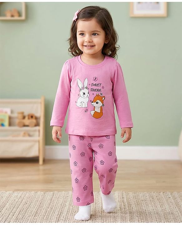 Babyhug Cotton Knit Full Sleeves Night Suit With Animal Print - Light Pink