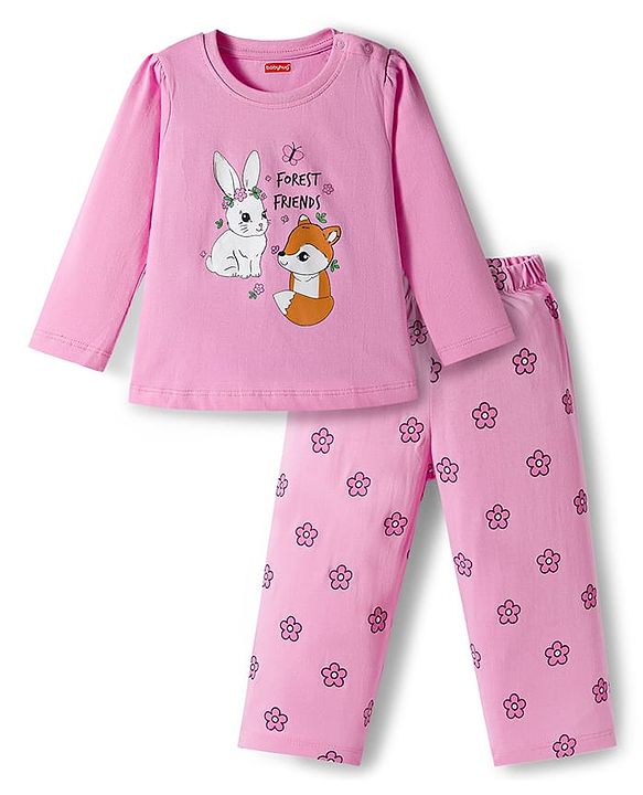 Babyhug Cotton Knit Full Sleeves Night Suit With Animal Print - Light Pink
