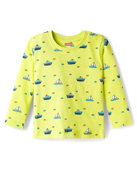 Babyhug Cotton Knit Full Sleeves Co-ords Night Suit with Nautical Theme Print - Neon Green