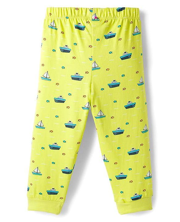 Babyhug Cotton Knit Full Sleeves Co-ords Night Suit with Nautical Theme Print - Neon Green