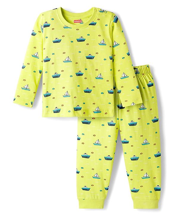 Babyhug Cotton Knit Full Sleeves Co-ords Night Suit with Nautical Theme Print - Neon Green