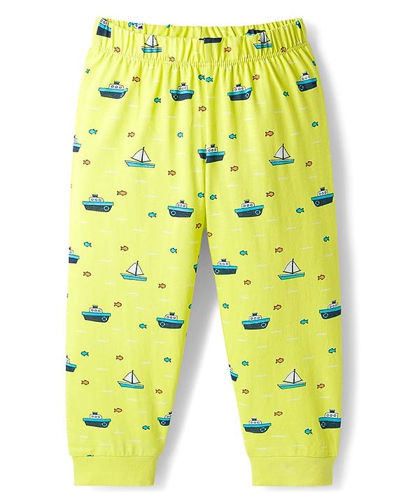 Babyhug Cotton Knit Full Sleeves Co-ords Night Suit with Nautical Theme Print - Neon Green