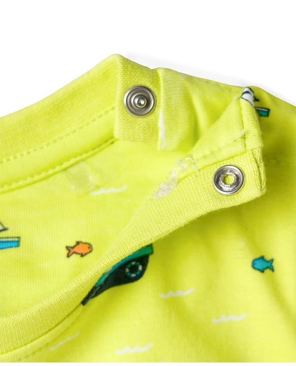 Babyhug Cotton Knit Full Sleeves Co-ords Night Suit with Nautical Theme Print - Neon Green