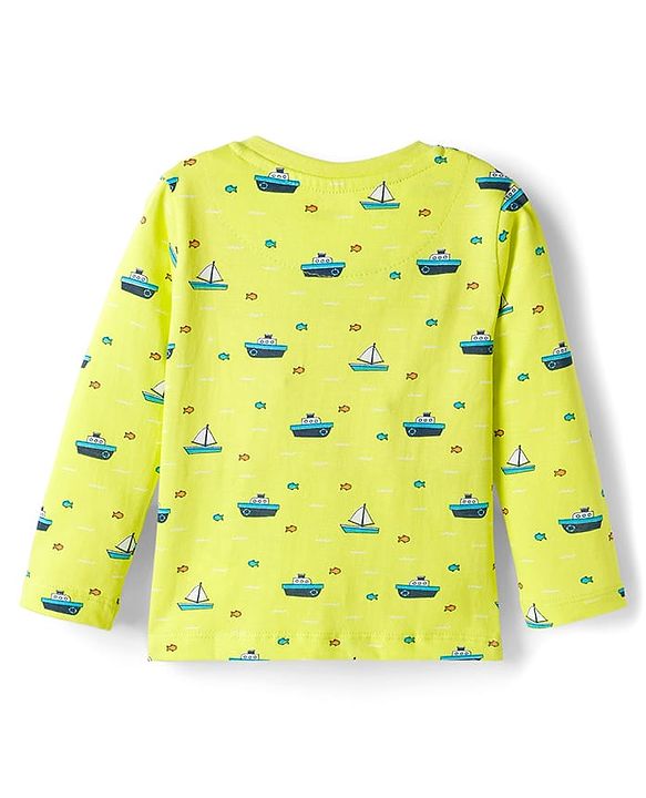 Babyhug Cotton Knit Full Sleeves Co-ords Night Suit with Nautical Theme Print - Neon Green