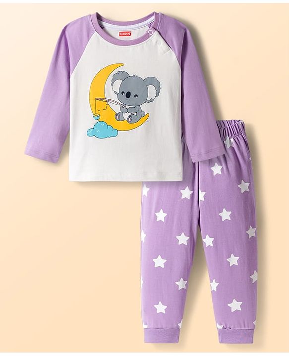 Babyhug  Cotton Knit Full Raglan Sleeves Night Suit With Animal Print - Lavender