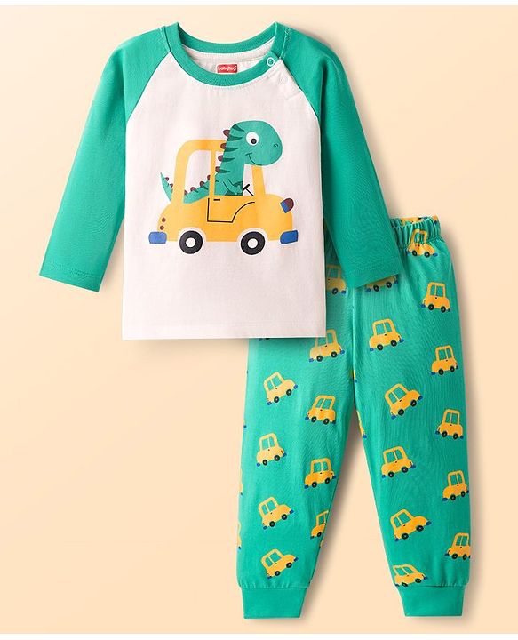 Babyhug Cotton Knit Full Raglan Sleeves Night Suit With Dino Print - Mint Green
