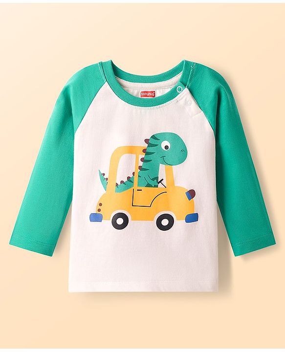 Babyhug Cotton Knit Full Raglan Sleeves Night Suit With Dino Print - Mint Green