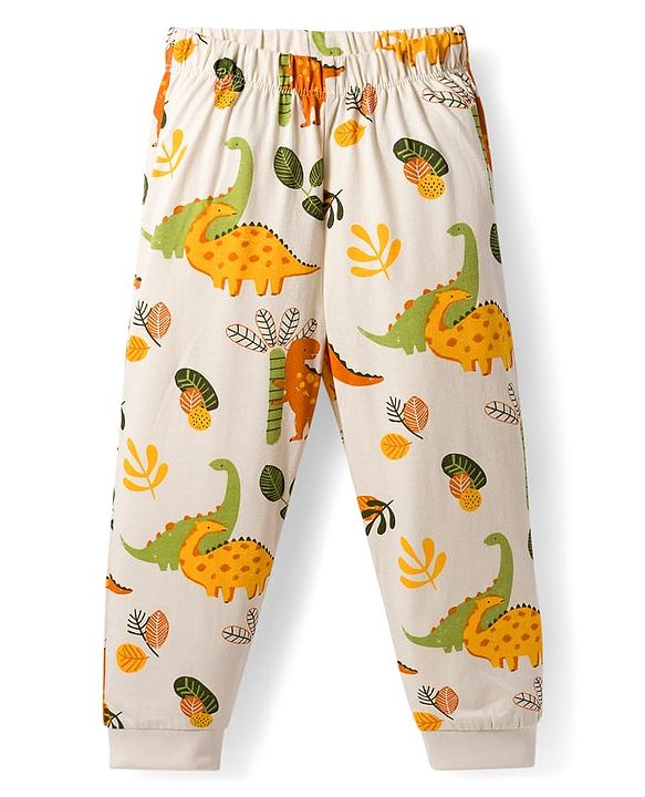 Babyhug Cotton Knit Full Sleeves Co-ords Night Suit With Dino Print - Cream