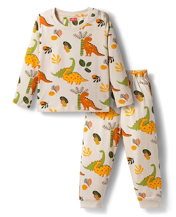 Babyhug Cotton Knit Full Sleeves Co-ords Night Suit With Dino Print - Cream