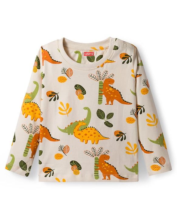 Babyhug Cotton Knit Full Sleeves Co-ords Night Suit With Dino Print - Cream