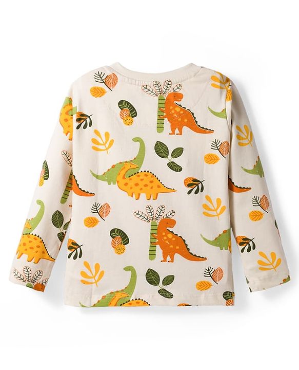 Babyhug Cotton Knit Full Sleeves Co-ords Night Suit With Dino Print - Cream