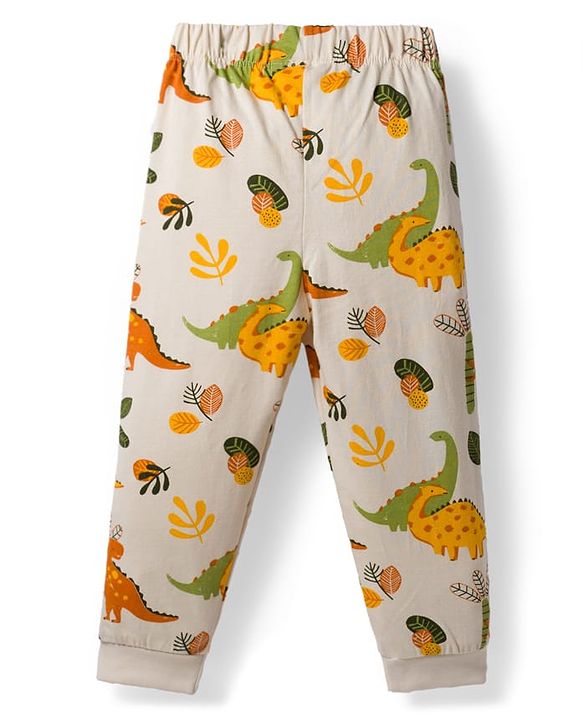 Babyhug Cotton Knit Full Sleeves Co-ords Night Suit With Dino Print - Cream