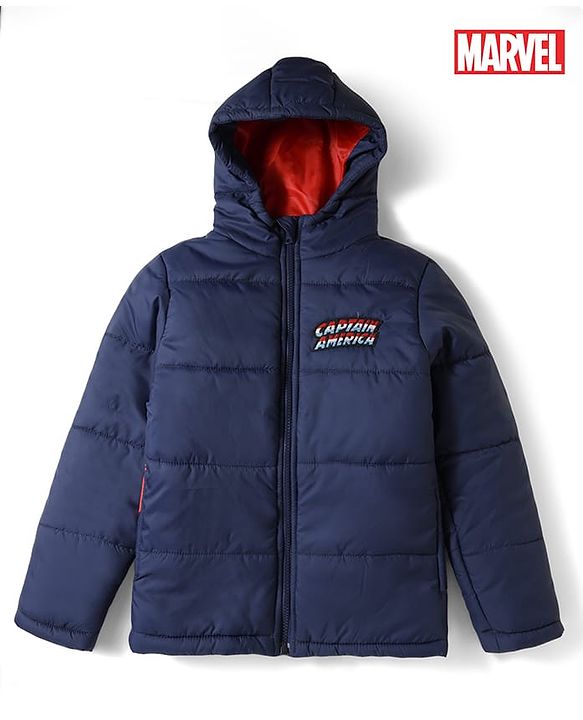 Pine Kids Marvel Woven Full Sleeves Hooded Front &  Back Captain America Printed Padded Jacket - Navy