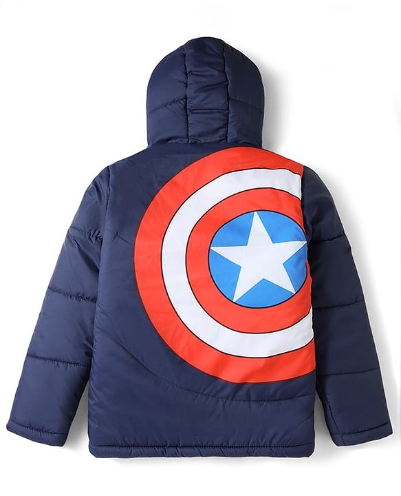 Pine Kids Marvel Woven Full Sleeves Hooded Front &  Back Captain America Printed Padded Jacket - Navy