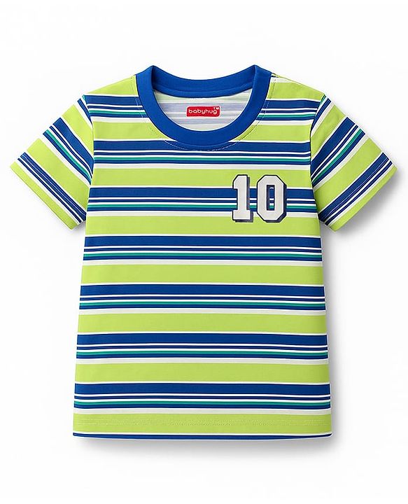 Babyhug 100% Cotton Knit Half Sleeves T-Shirt with Stripes & Text Print - Limegreen & Blue