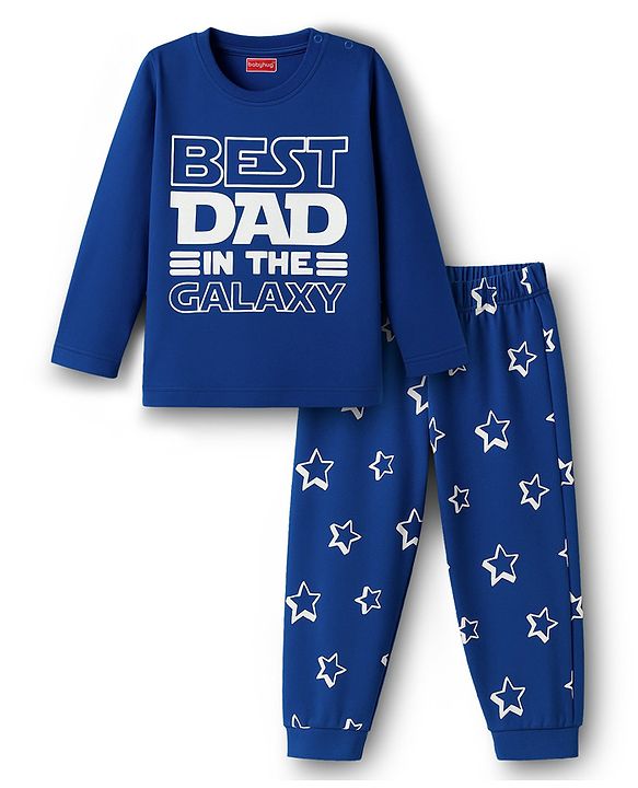 Babyhug Cotton Knit Full Sleeves Night Suit With Text Print - Navy Blue