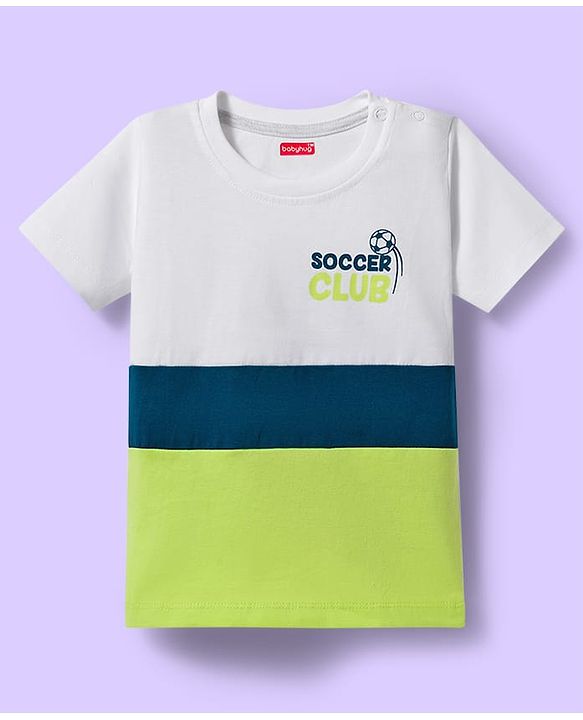 Babyhug 100% Cotton Knit Half Sleeves T-Shirts with Stripes & Go Team Text Print Pack of 3 - Navy Blue & Neon Green