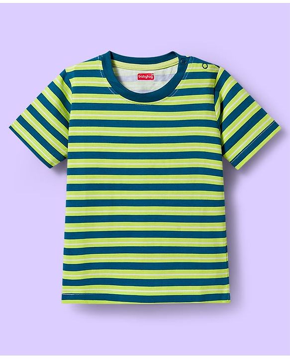 Babyhug 100% Cotton Knit Half Sleeves T-Shirts with Stripes & Go Team Text Print Pack of 3 - Navy Blue & Neon Green
