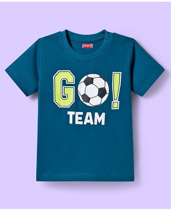 Babyhug 100% Cotton Knit Half Sleeves T-Shirts with Stripes & Go Team Text Print Pack of 3 - Navy Blue & Neon Green