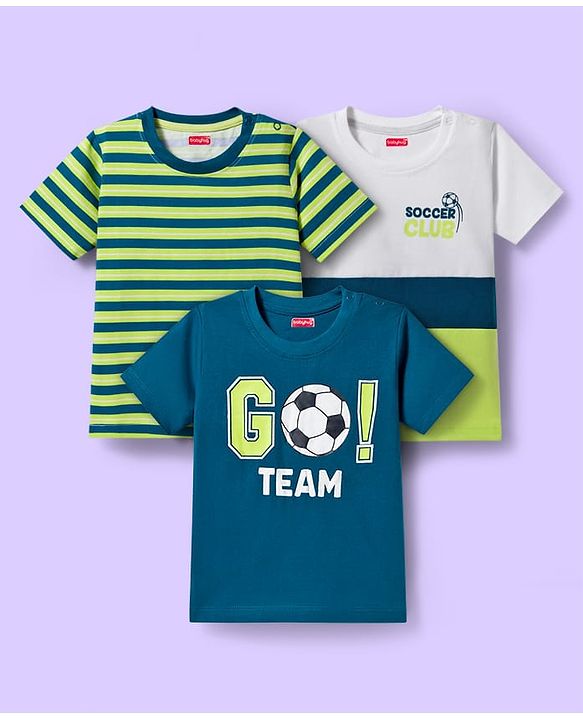 Babyhug 100% Cotton Knit Half Sleeves T-Shirts with Stripes & Go Team Text Print Pack of 3 - Navy Blue & Neon Green