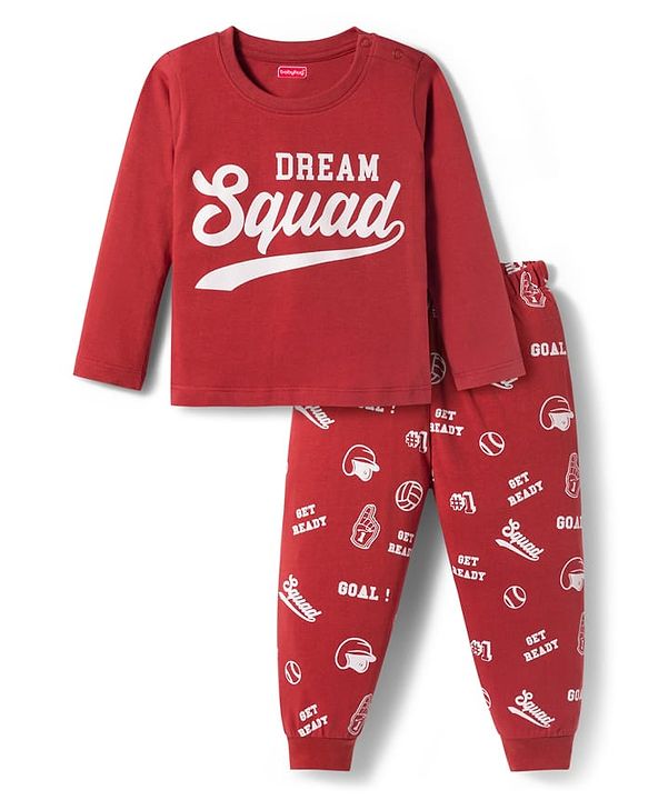 Babyhug Cotton Knit Full Sleeves Night Suit With Dream Squad Text Print - Maroon