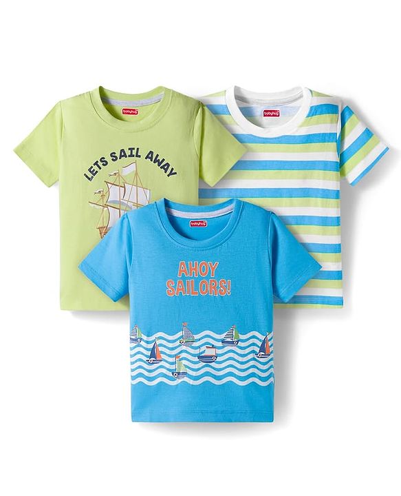 Babyhug 100% Cotton Knit  Half Sleeves T-Shirt with Stripes & Nautical Print Pack of 3 - Light Blue & Light Green