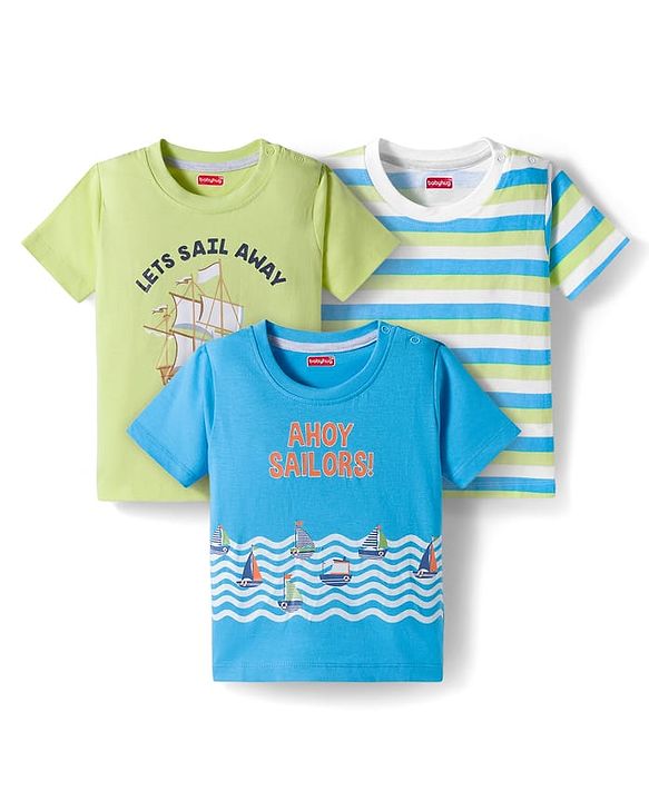 Babyhug 100% Cotton Knit  Half Sleeves T-Shirt with Stripes & Nautical Print Pack of 3 - Light Blue & Light Green