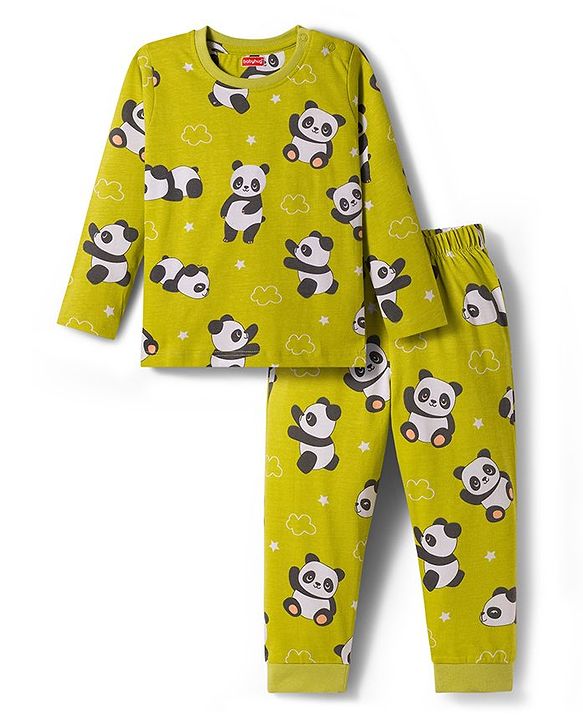 Babyhug 100% Cotton Knit Full Sleeves Co-ords Night Suit With Panda Print - Green