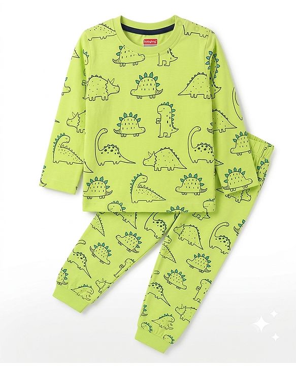 Babyhug 100% Cotton Knit Full Sleeves Co-ords Night Suit With Panda Print - Green