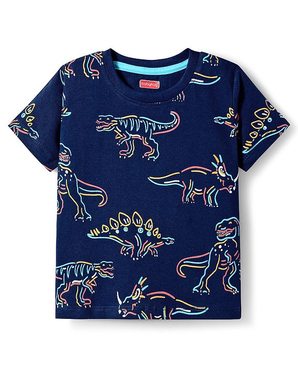 Babyhug 100% Cotton Knit Half Sleeves T-Shirt with Stripes & Dino Print Pack of 3 - Navy Blue Light Blue & Red