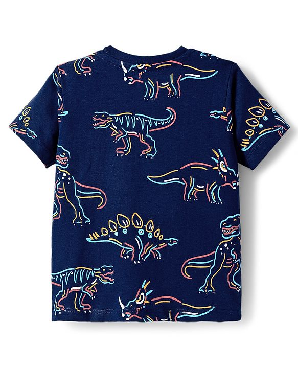 Babyhug 100% Cotton Knit Half Sleeves T-Shirt with Stripes & Dino Print Pack of 3 - Navy Blue Light Blue & Red