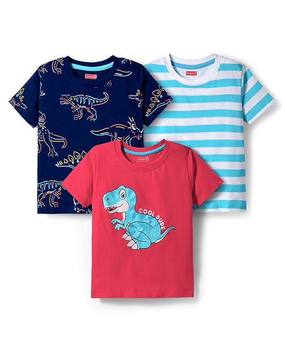 Babyhug 100% Cotton Knit Half Sleeves T-Shirt with Stripes & Dino Print Pack of 3 - Navy Blue Light Blue & Red