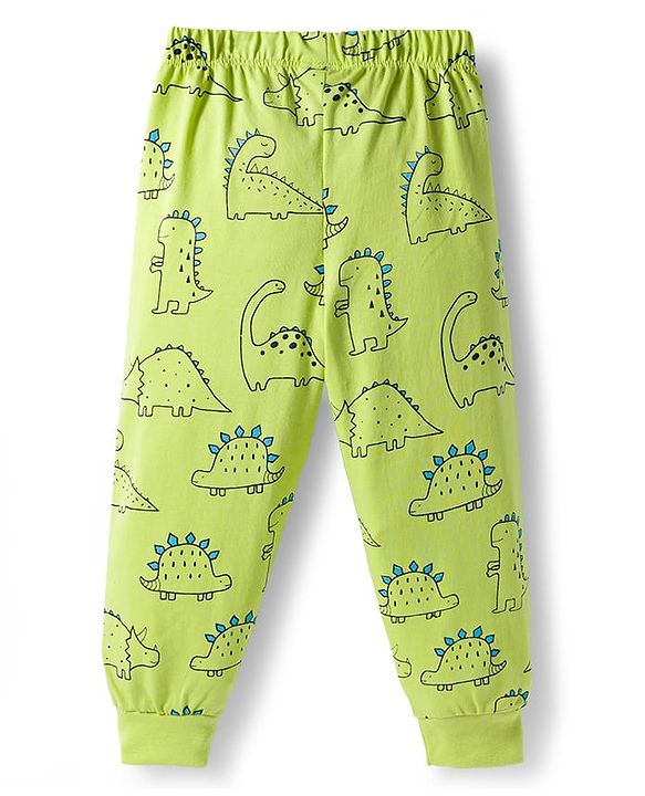 Babyhug Cotton Knit Full Sleeves Co-ords Night Suit With Dino Print - Green