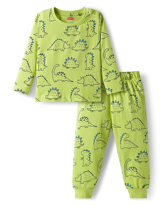 Babyhug Cotton Knit Full Sleeves Co-ords Night Suit With Dino Print - Green