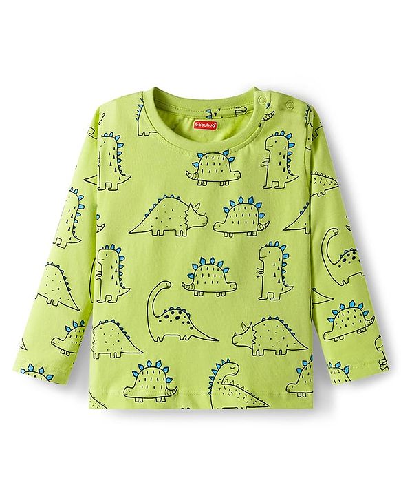 Babyhug Cotton Knit Full Sleeves Co-ords Night Suit With Dino Print - Green