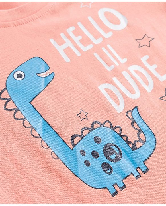 Babyhug 100% Cotton Knit Full Sleeves T-Shirt With Hello Lil Dude Text Print - Coral