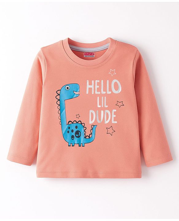 Babyhug 100% Cotton Knit Full Sleeves T-Shirt With Hello Lil Dude Text Print - Coral