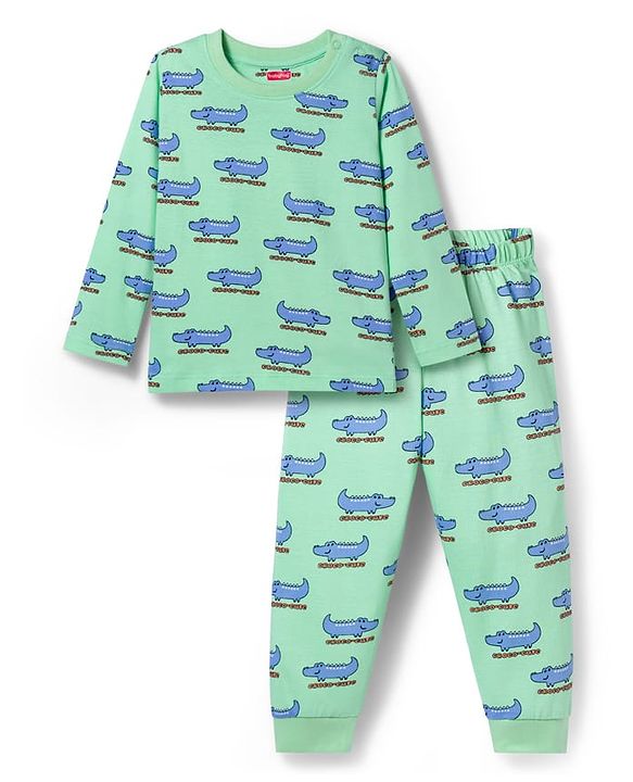 Babyhug Cotton Knit Full Sleeves Co-ords Night Suit with Crocodile Print - Green